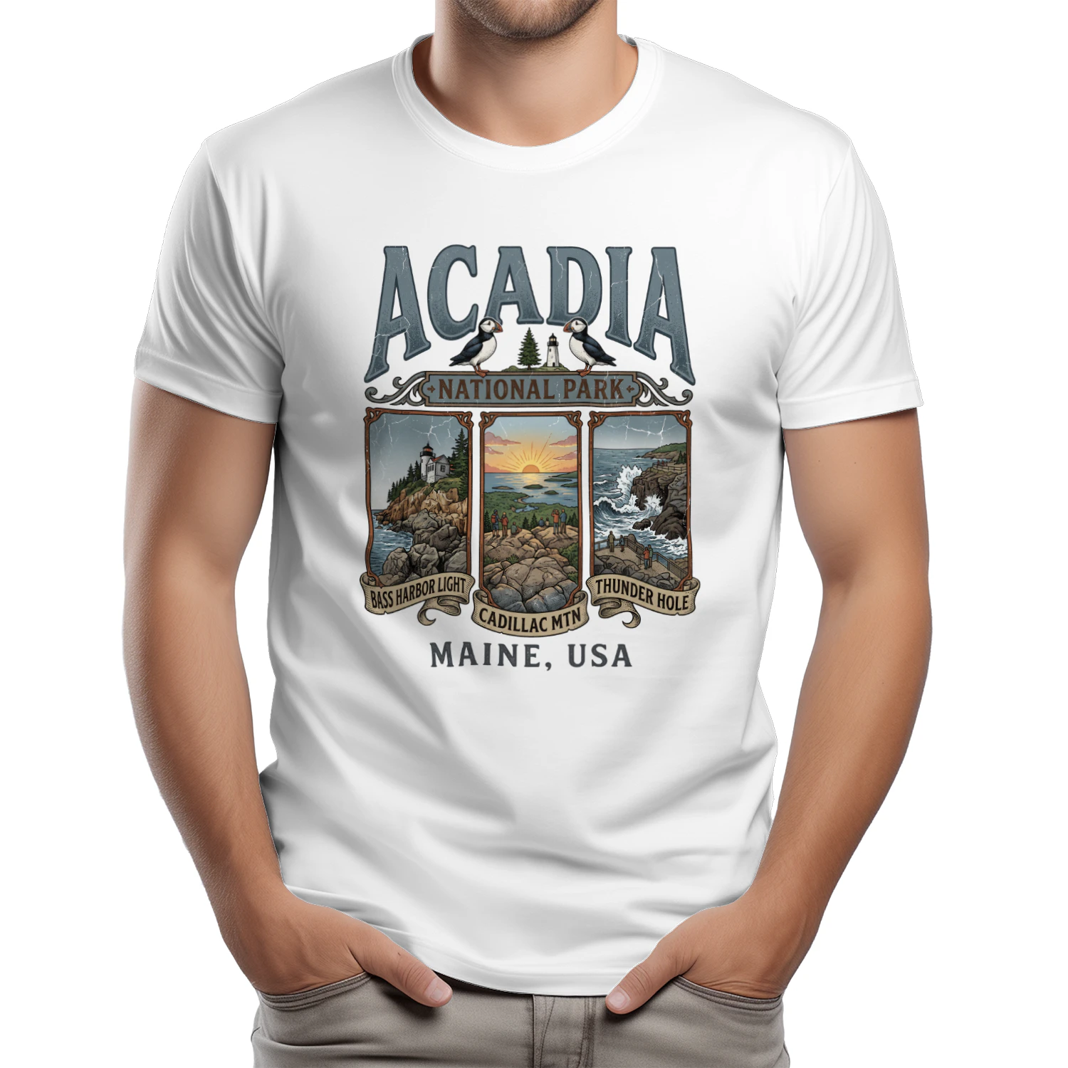 Acadia National Park Maine Vintage Triptych Art _ Bass Harbor Light, Cadillac Mtn & Thunder Hole