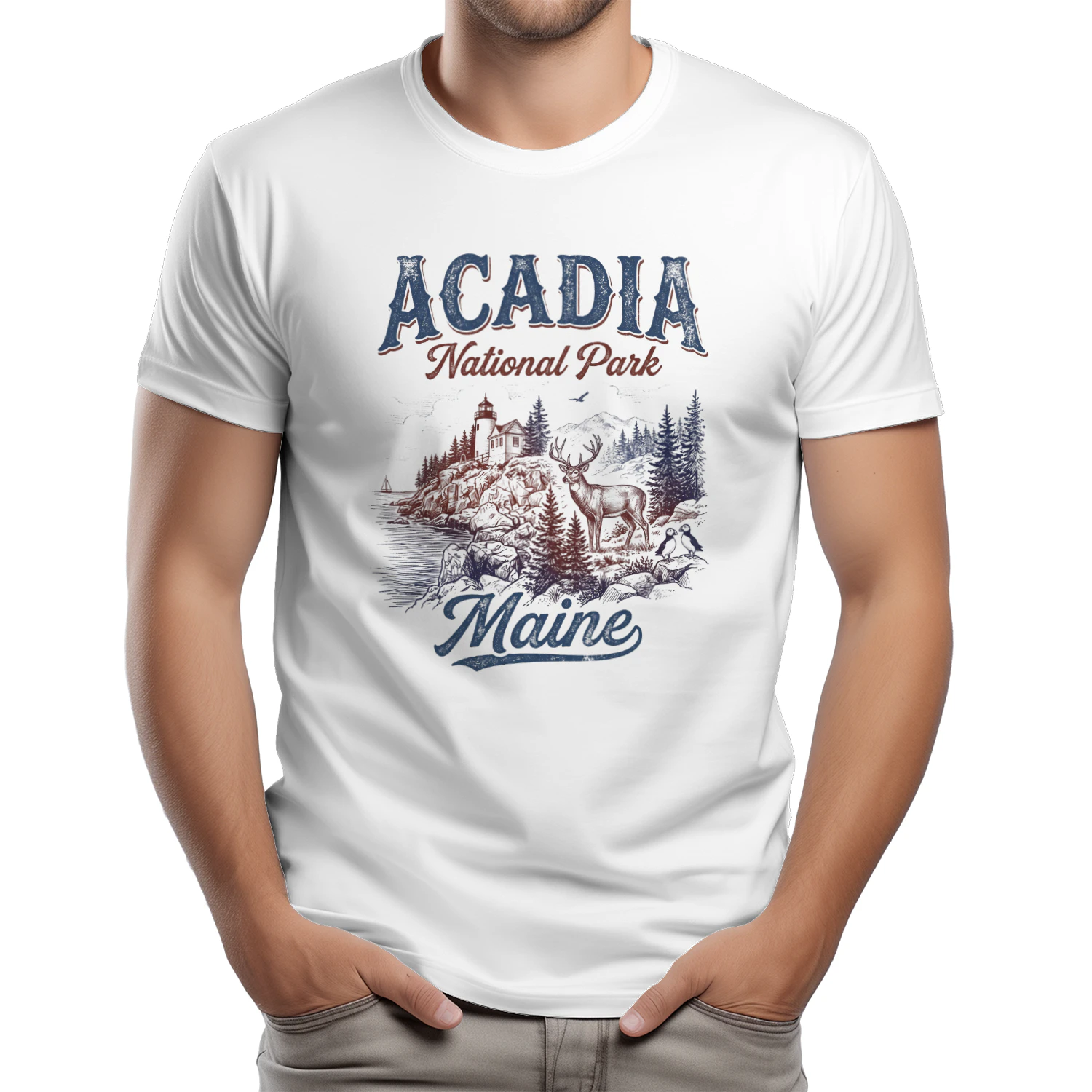 Acadia National Park Maine Vintage Coastal Art _ Bass Harbor Lighthouse, Deer & Puffins Graphic