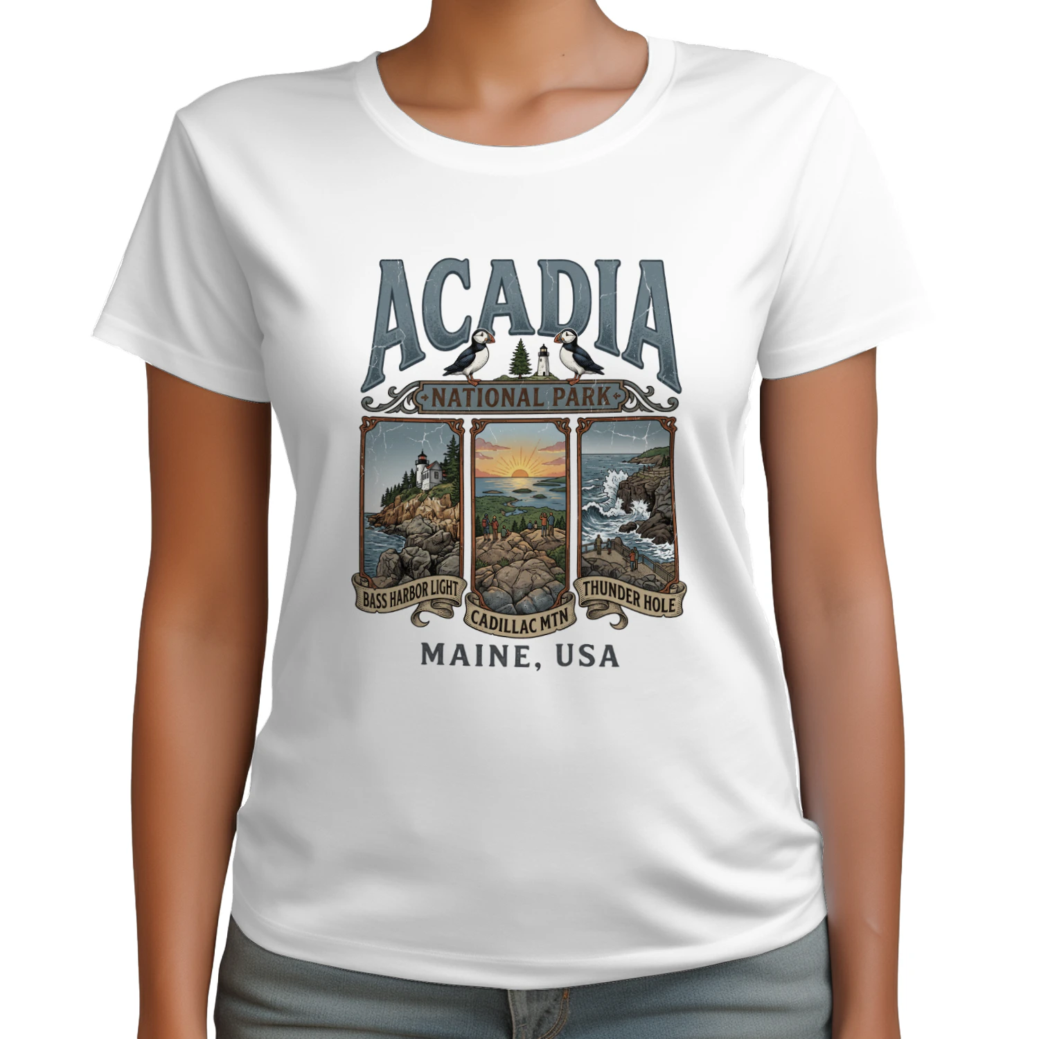 Acadia National Park Maine Vintage Triptych Art _ Bass Harbor Light, Cadillac Mtn & Thunder Hole