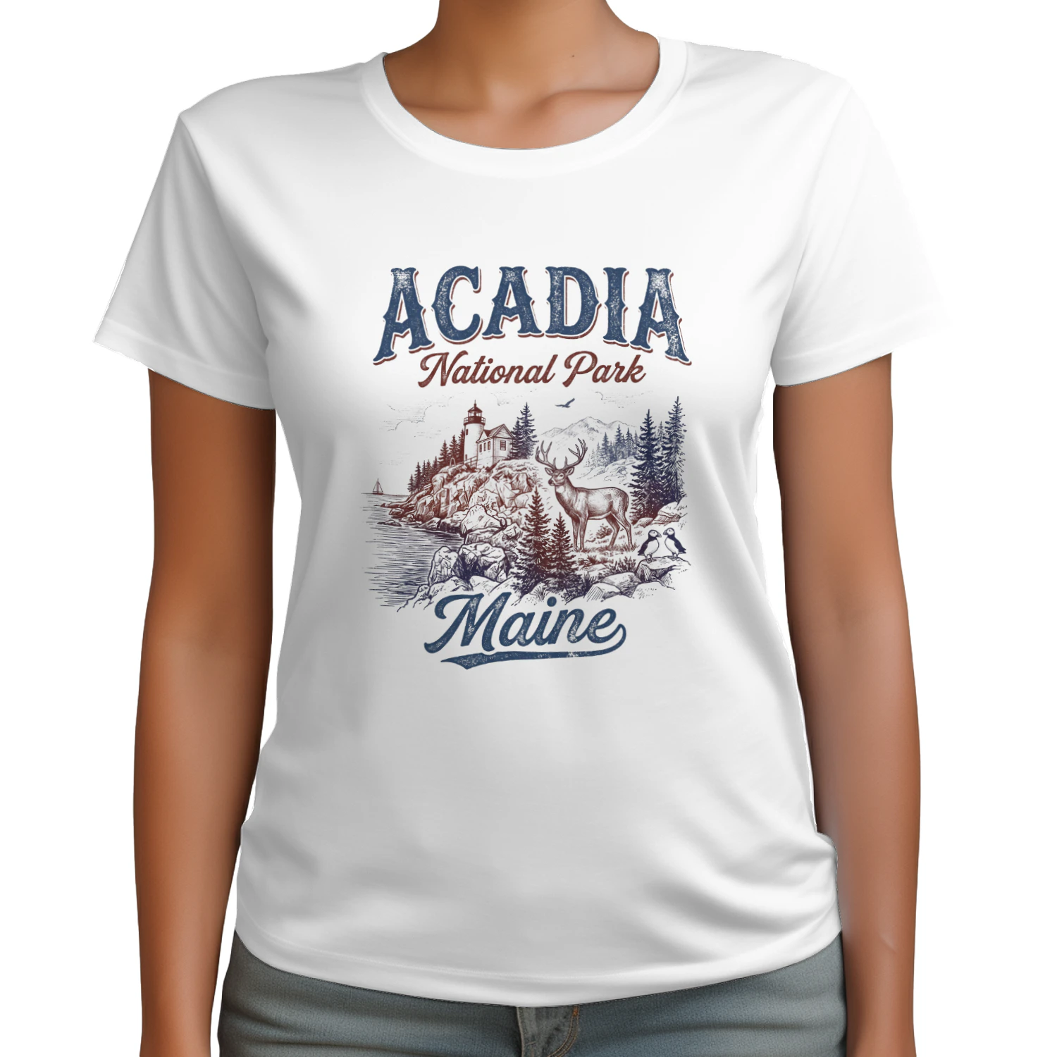 Acadia National Park Maine Vintage Coastal Art _ Bass Harbor Lighthouse, Deer & Puffins Graphic