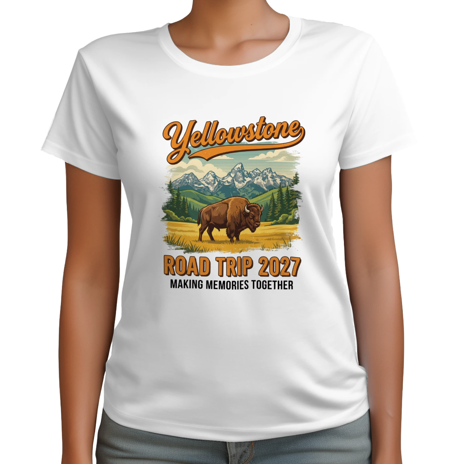 Yellowstone National Park Road Trip 2027 Art _ Retro Bison & Mountain Vacation Graphic