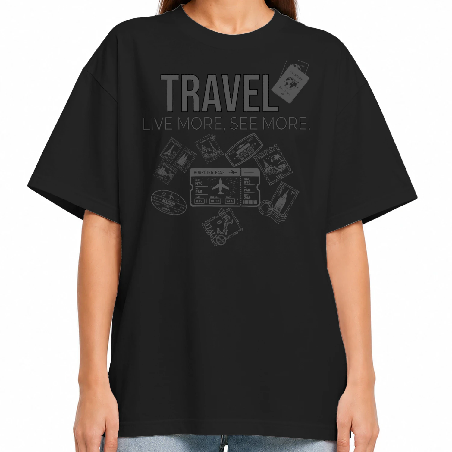 Live More, See More" Ultimate World Traveler Oversized T-shirt - Passport Stamps & Airplane