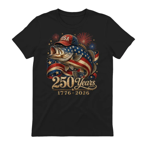 250 America 1776 2026 Bass Fishing USA Flag 250th Birthday