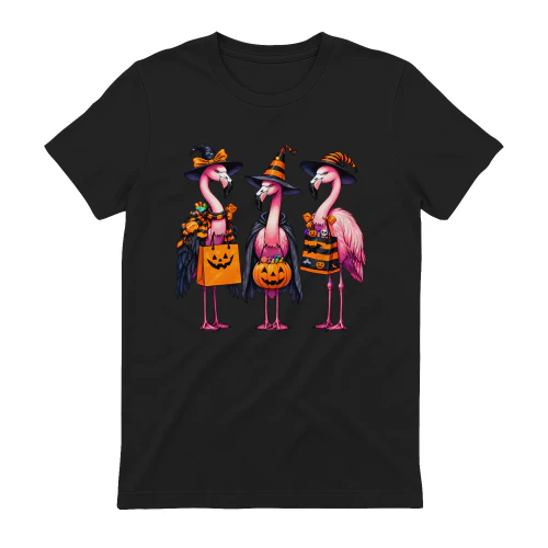 Three Flamingo Witches in Halloween Costumes