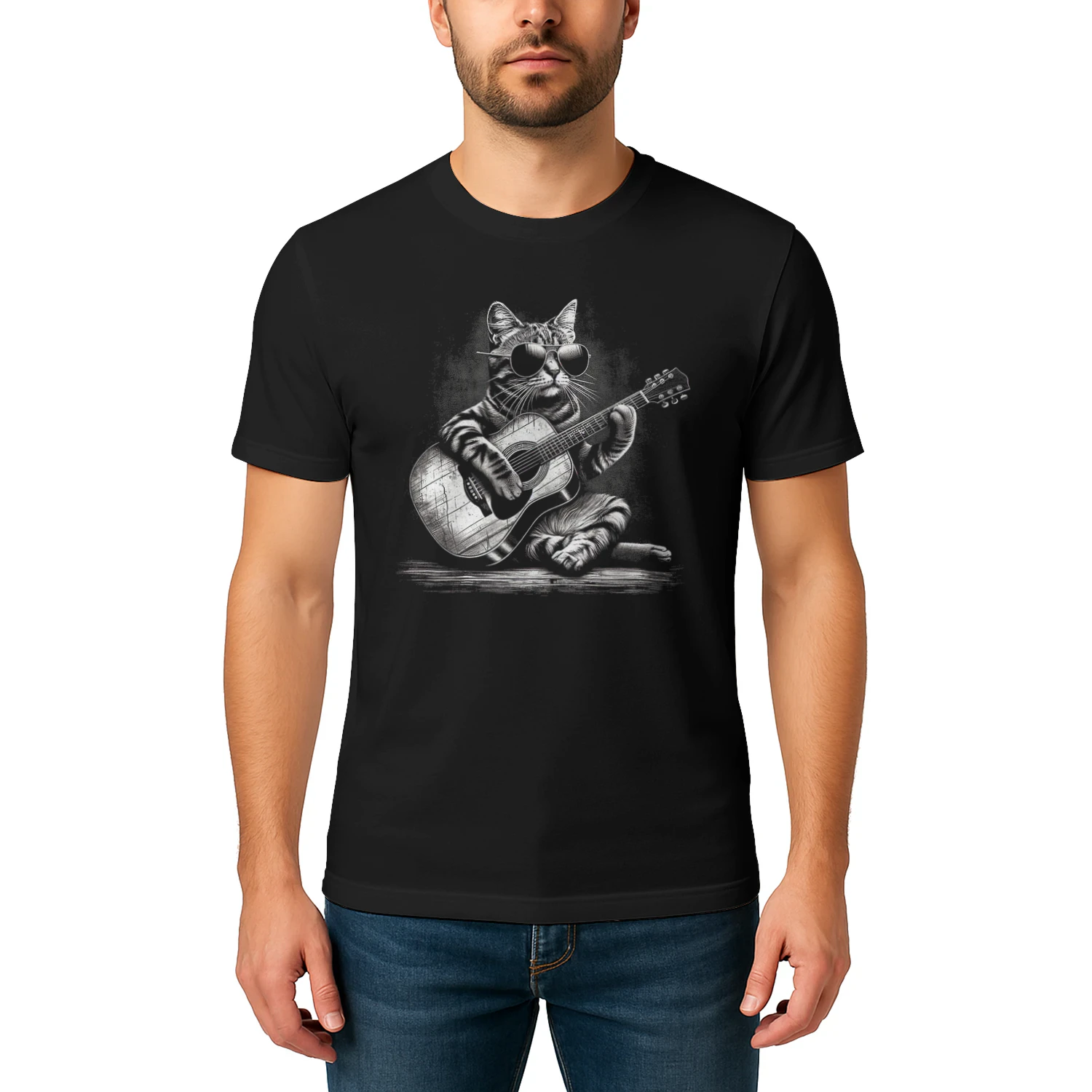 Whimsical Cat Playing Guitar Art