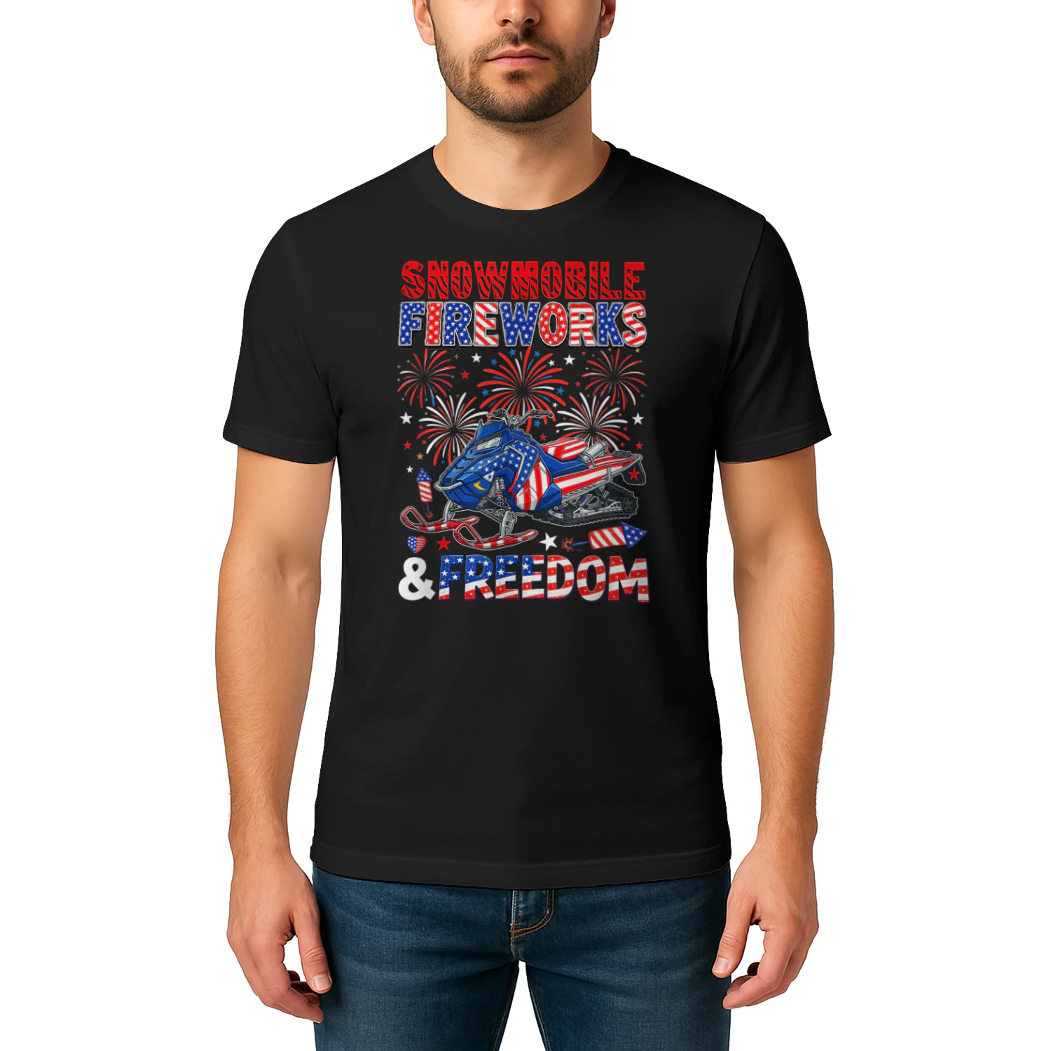 Snowmobile Freedom and Fireworks 4th July US Flag