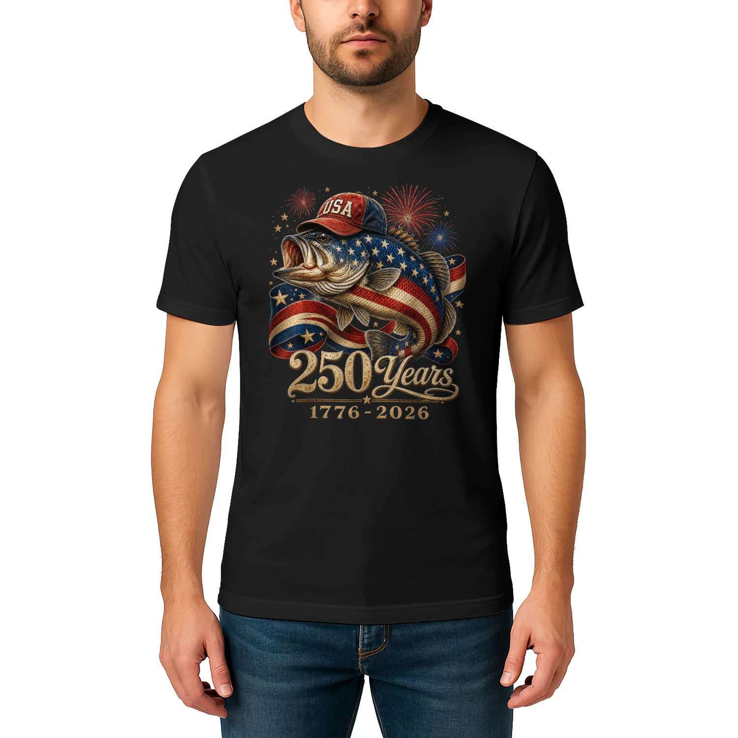250 America 1776 2026 Bass Fishing USA Flag 250th Birthday