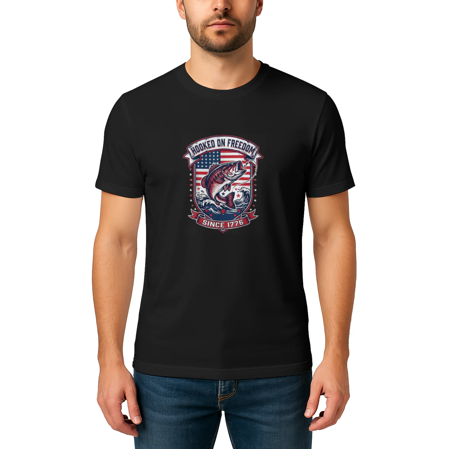 Patriotic Bass Fishing American Flag 4th of July 1776 USA