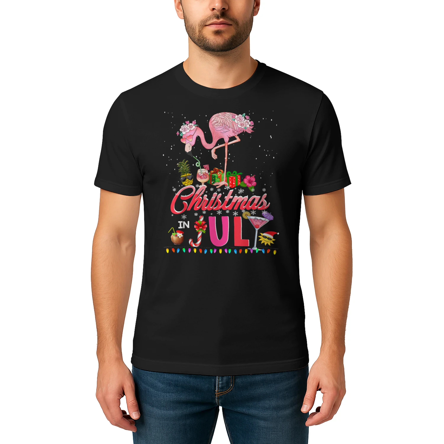 Pink Flamingo in Santa Hat Christmas in July Tees