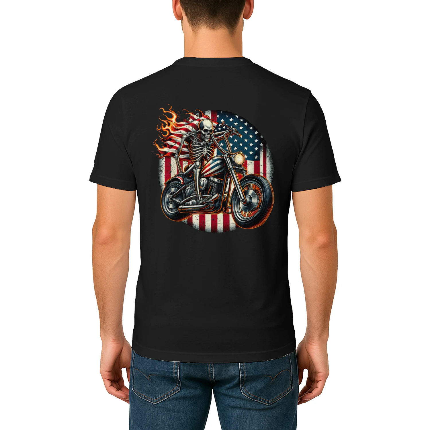 USA Flag Motorcycle Skeleton Biker 4th July American Patriot