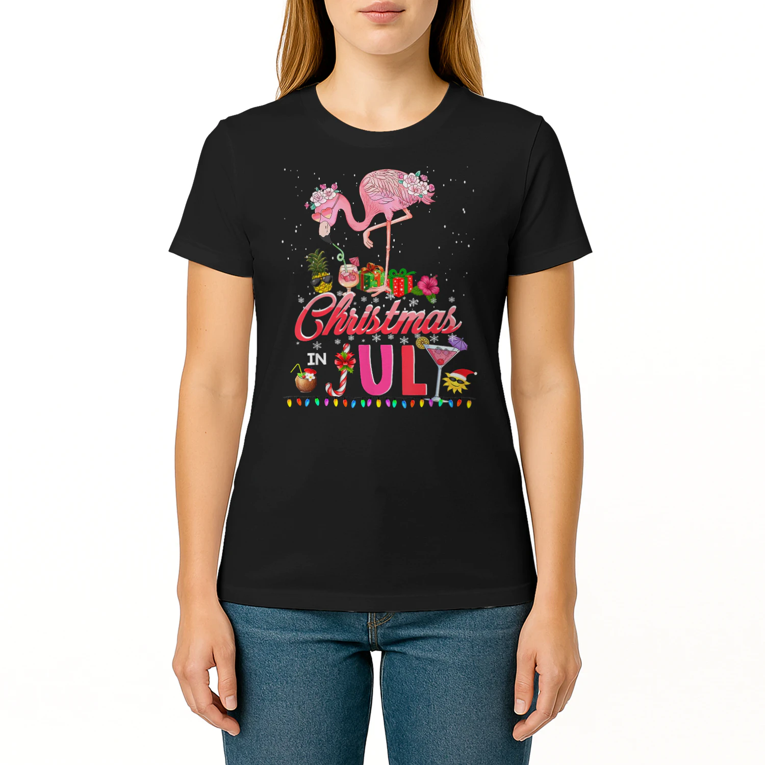 Pink Flamingo in Santa Hat Christmas in July Tees