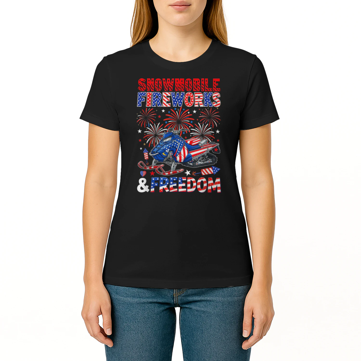 Snowmobile Freedom and Fireworks 4th July US Flag