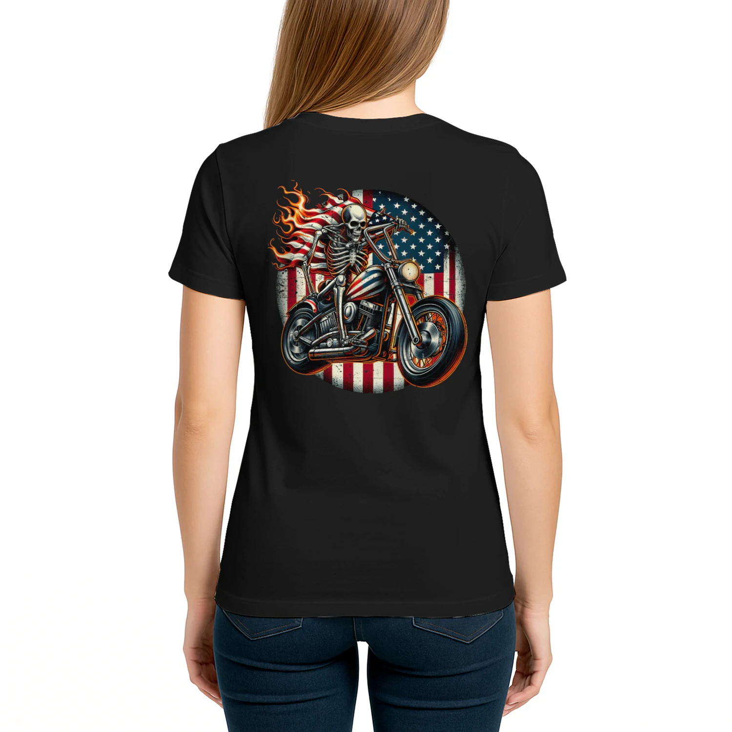 USA Flag Motorcycle Skeleton Biker 4th July American Patriot