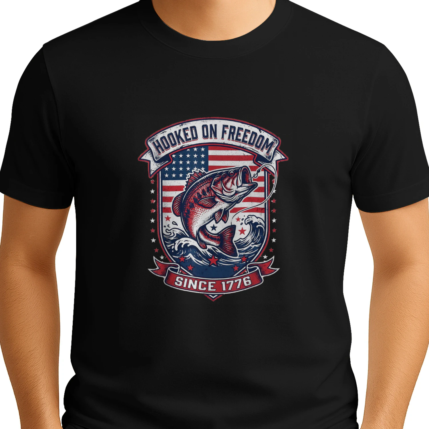 Patriotic Bass Fishing American Flag 4th of July 1776 USA
