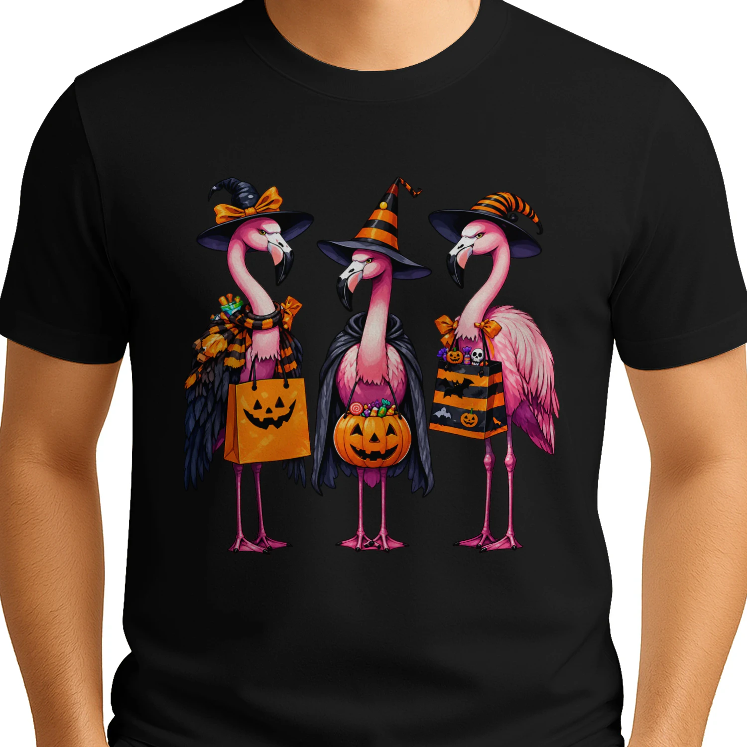 Three Flamingo Witches in Halloween Costumes