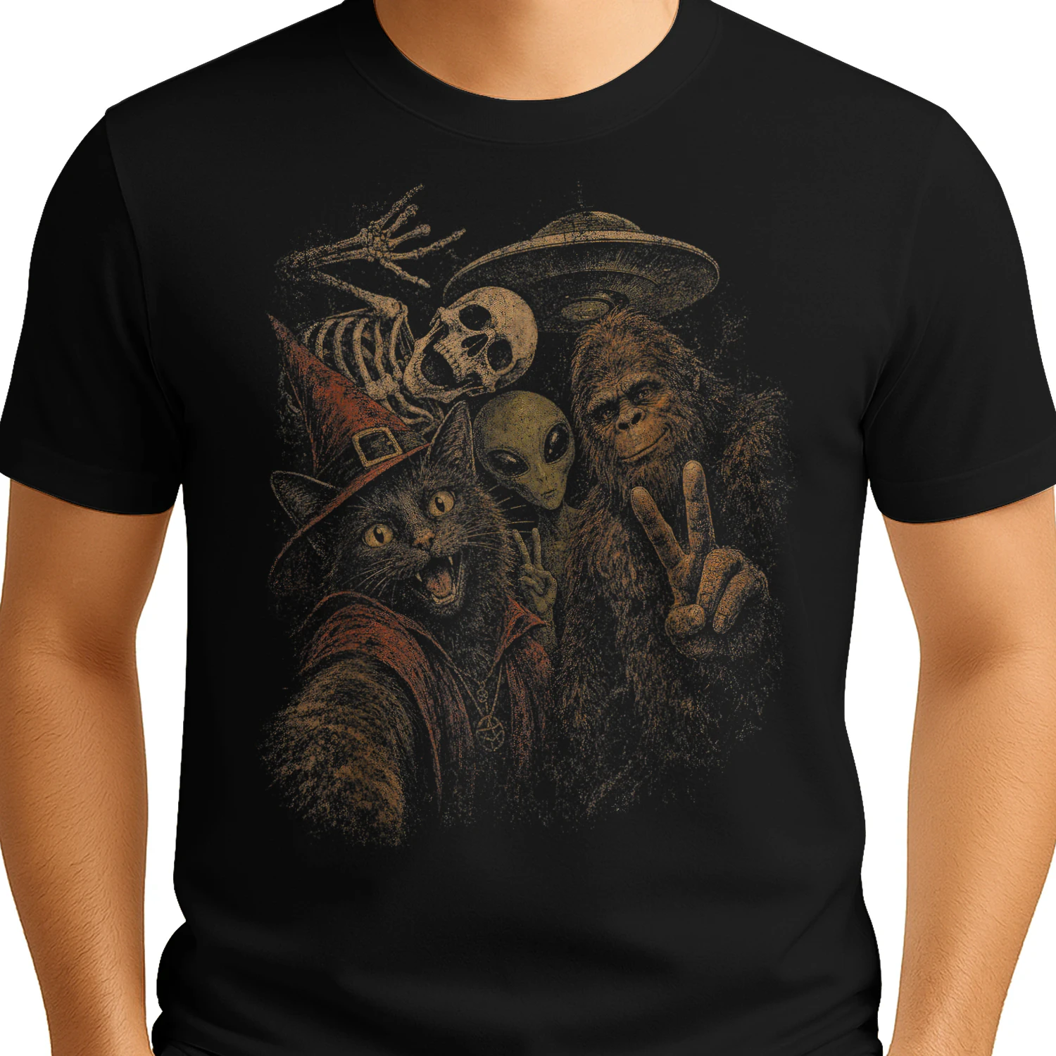 Funny Halloween Black Cat Selfie Shirt Monster