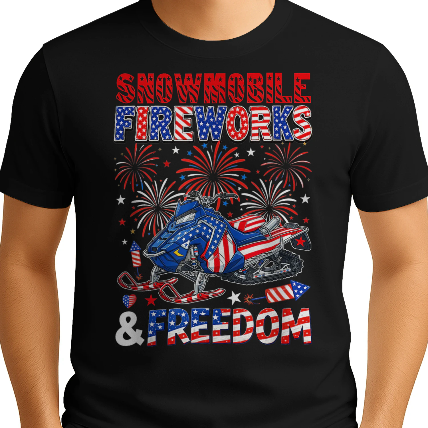 Snowmobile Freedom and Fireworks 4th July US Flag