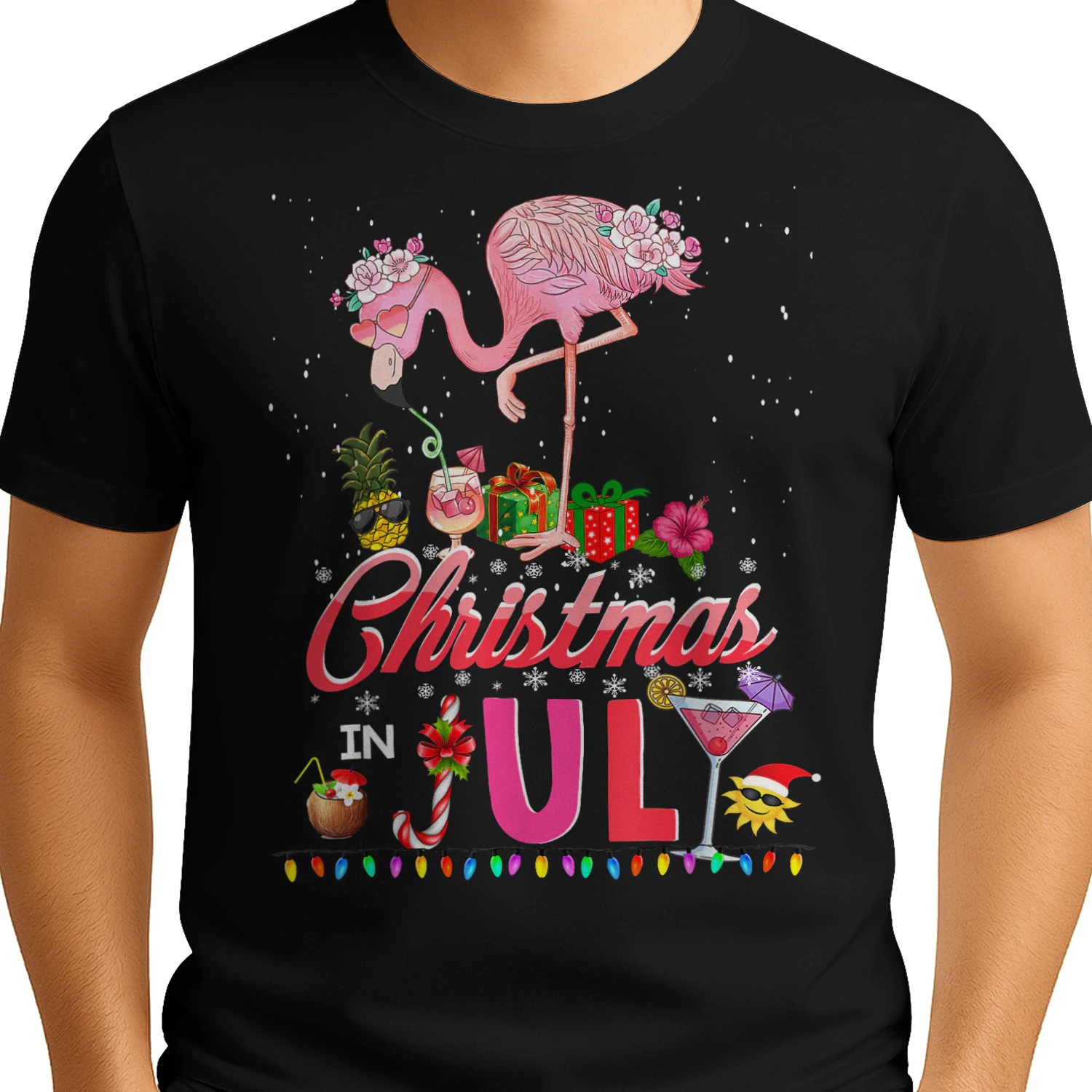 Pink Flamingo in Santa Hat Christmas in July Tees