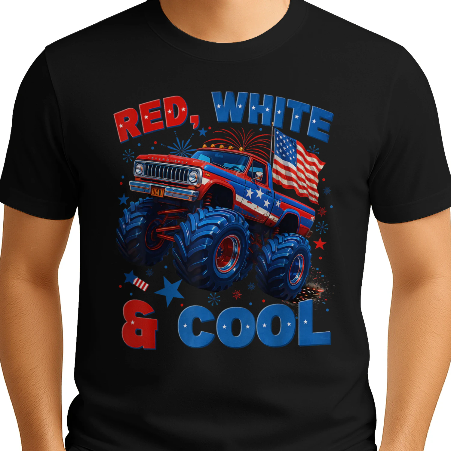 4th of July Red White and Cool Monster Truck Fireworks Boys