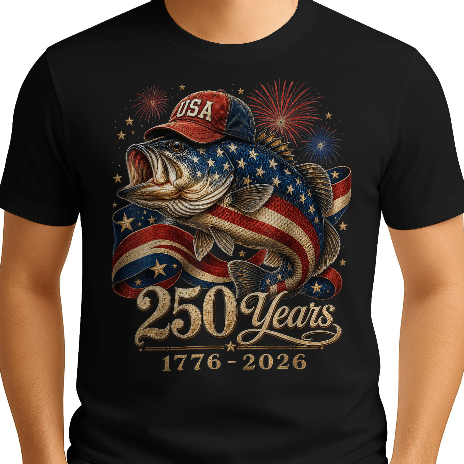 250 America 1776 2026 Bass Fishing USA Flag 250th Birthday