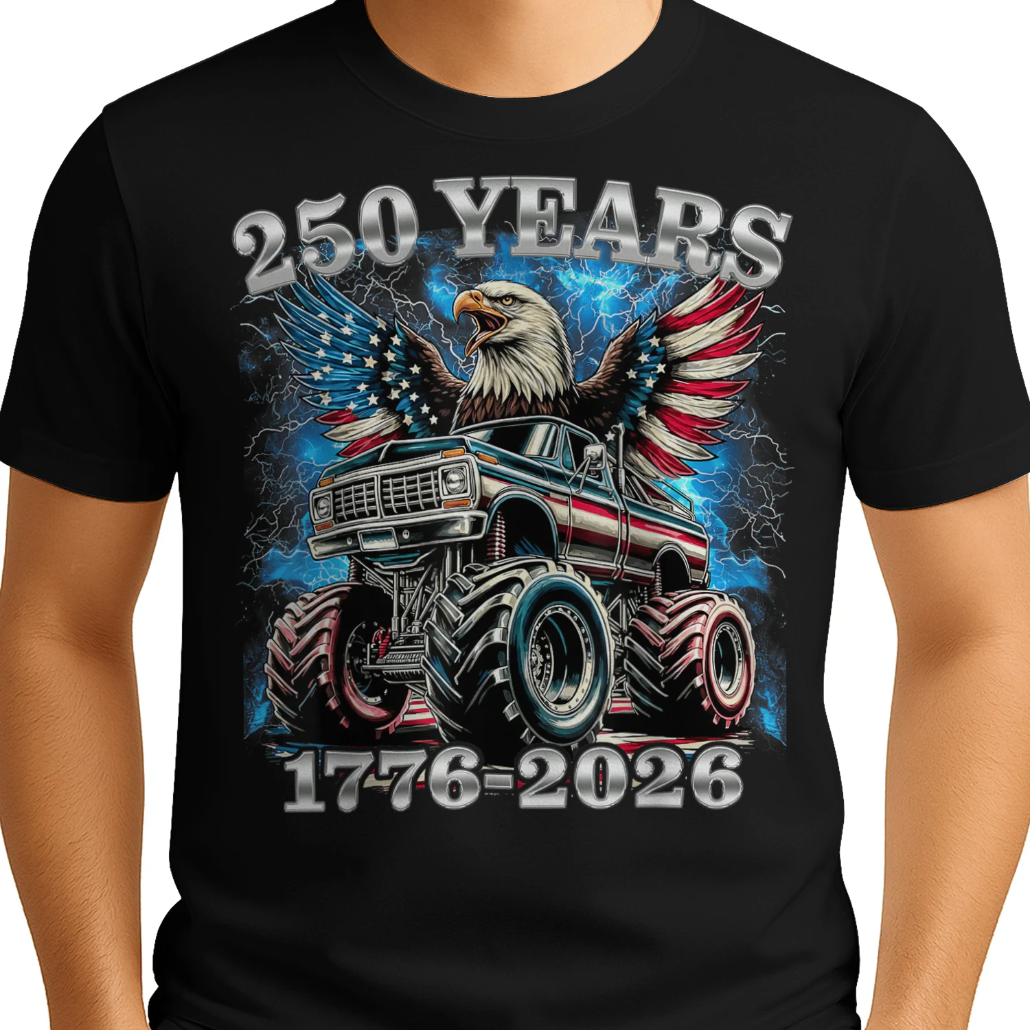 USA 250 Years 1776-2026 Monster Truck Eagle Flag Mens Boys
