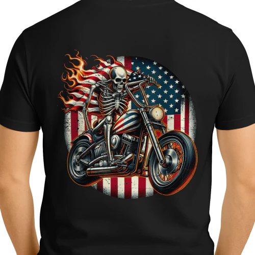 USA Flag Motorcycle Skeleton Biker 4th July American Patriot