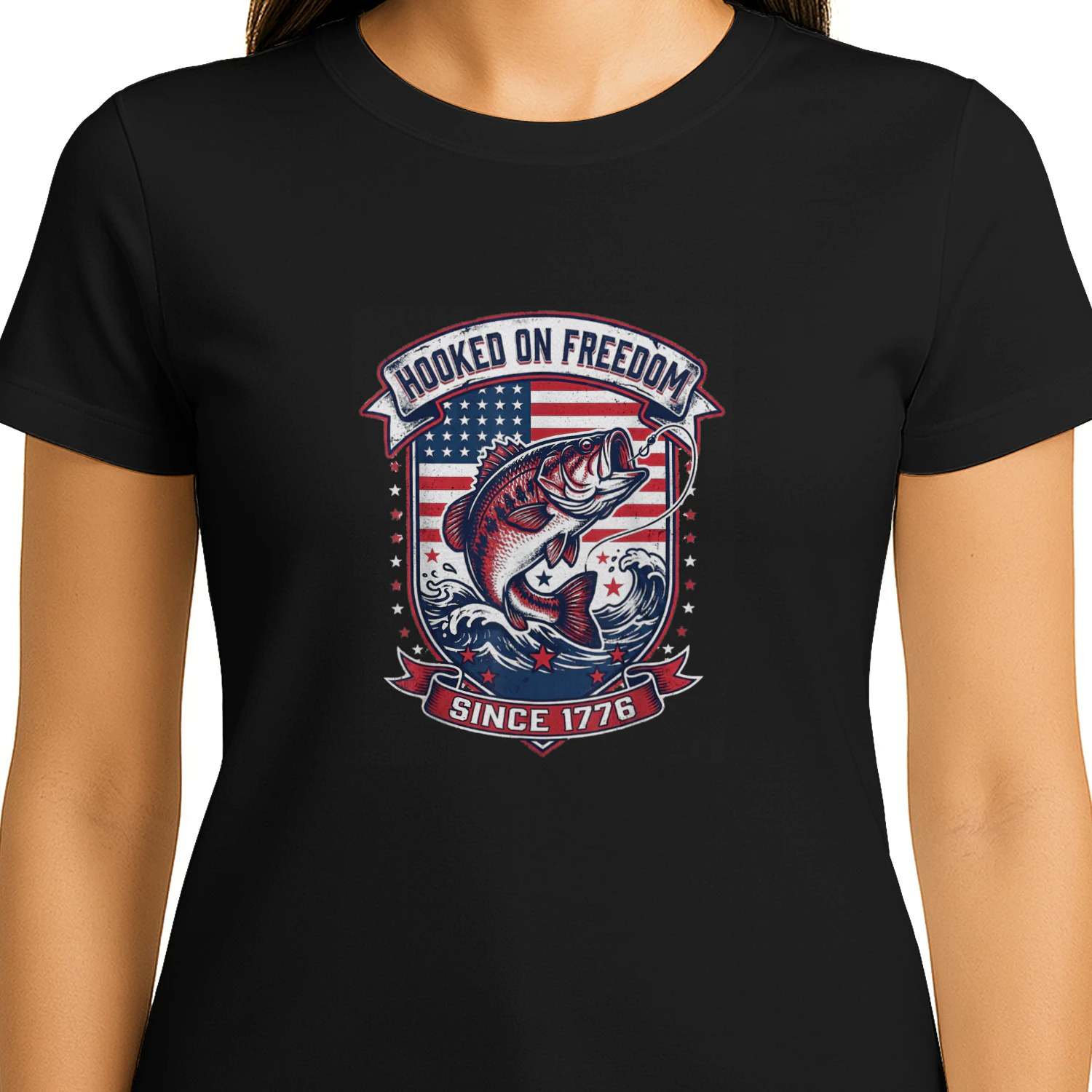 Patriotic Bass Fishing American Flag 4th of July 1776 USA