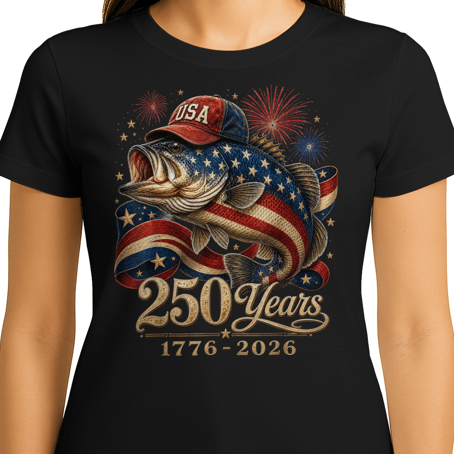 250 America 1776 2026 Bass Fishing USA Flag 250th Birthday