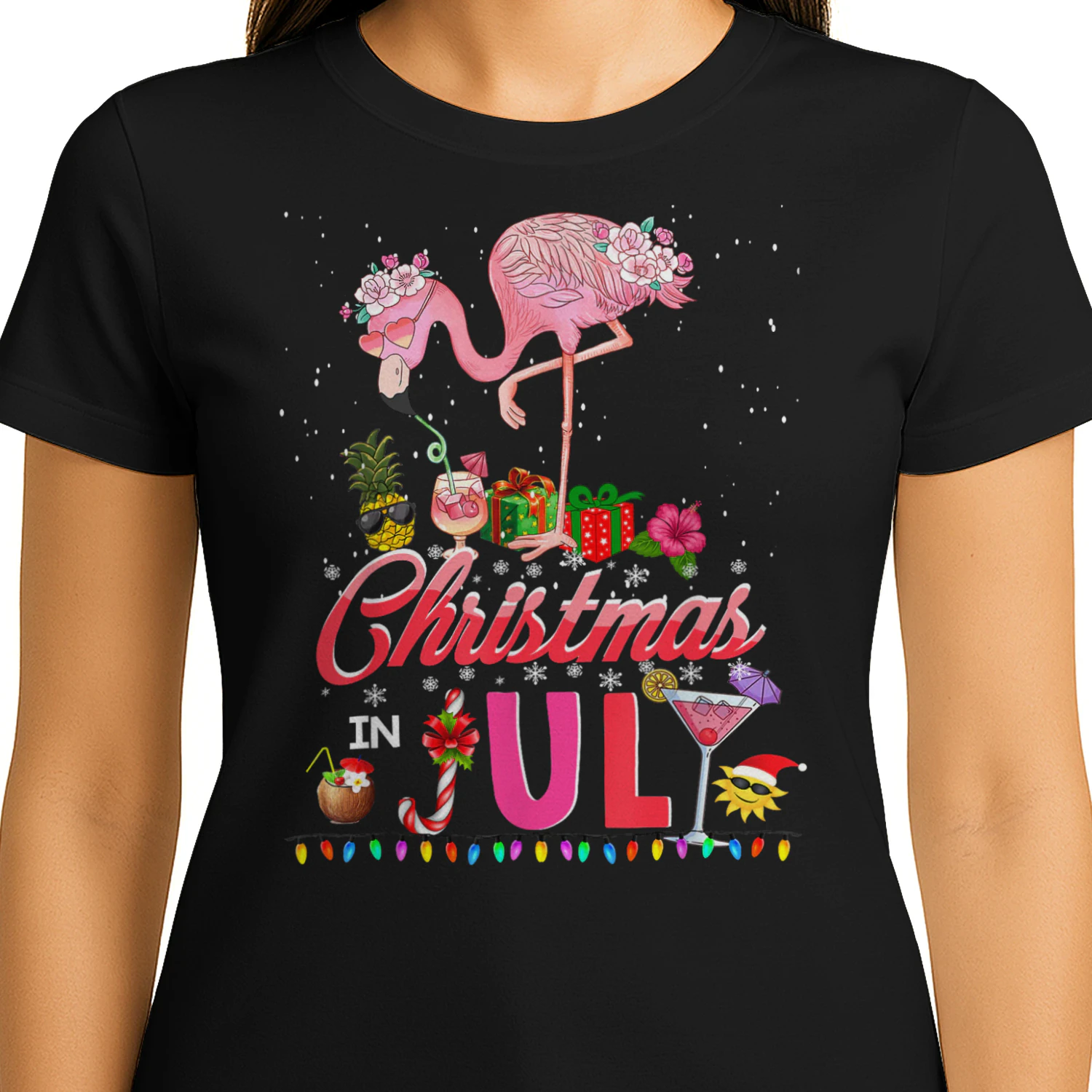 Pink Flamingo in Santa Hat Christmas in July Tees