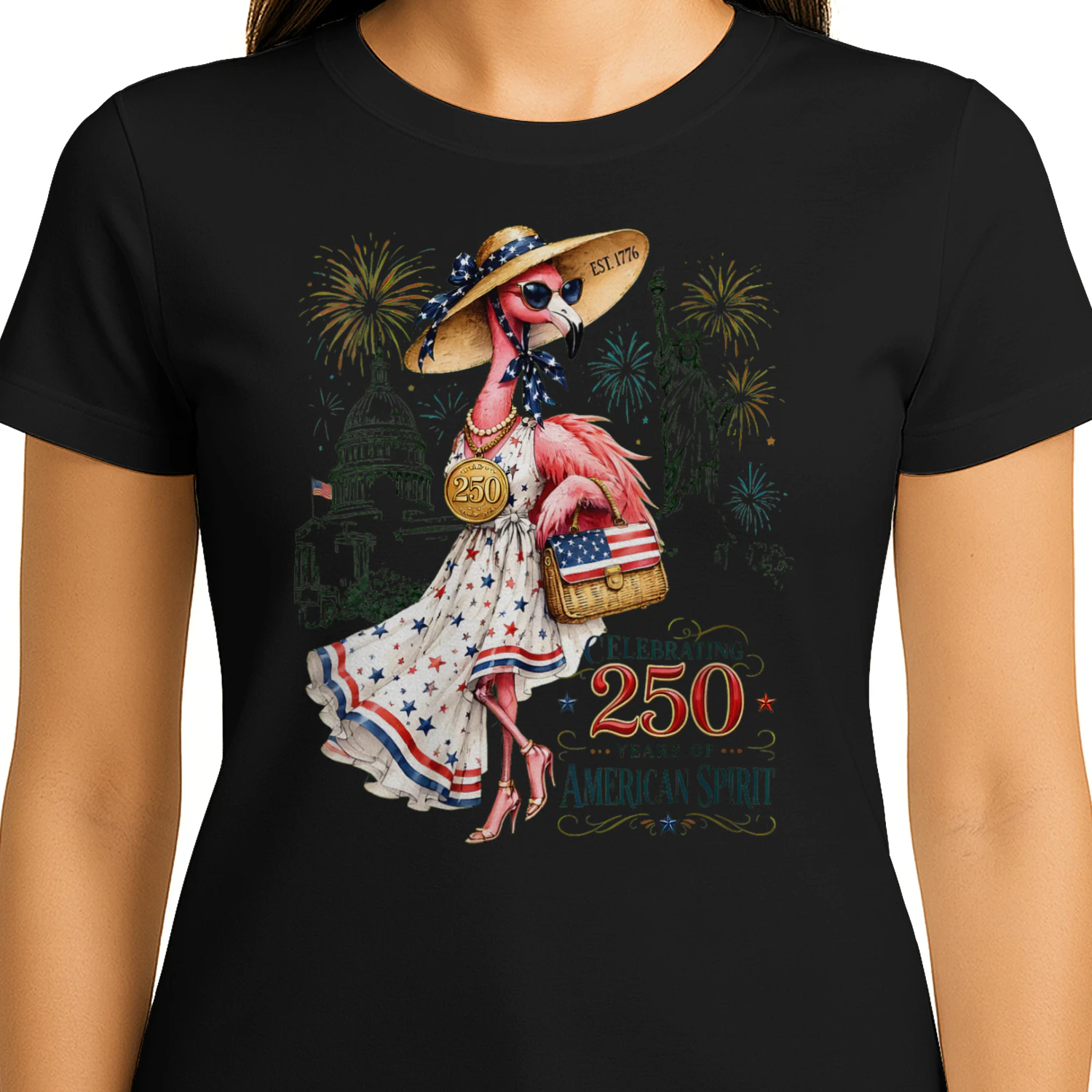 Women's Patriotic Flamingo 250 Years Celebrating American Spirit