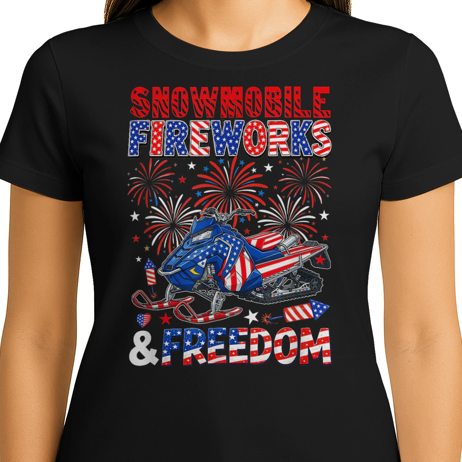 Snowmobile Freedom and Fireworks 4th July US Flag