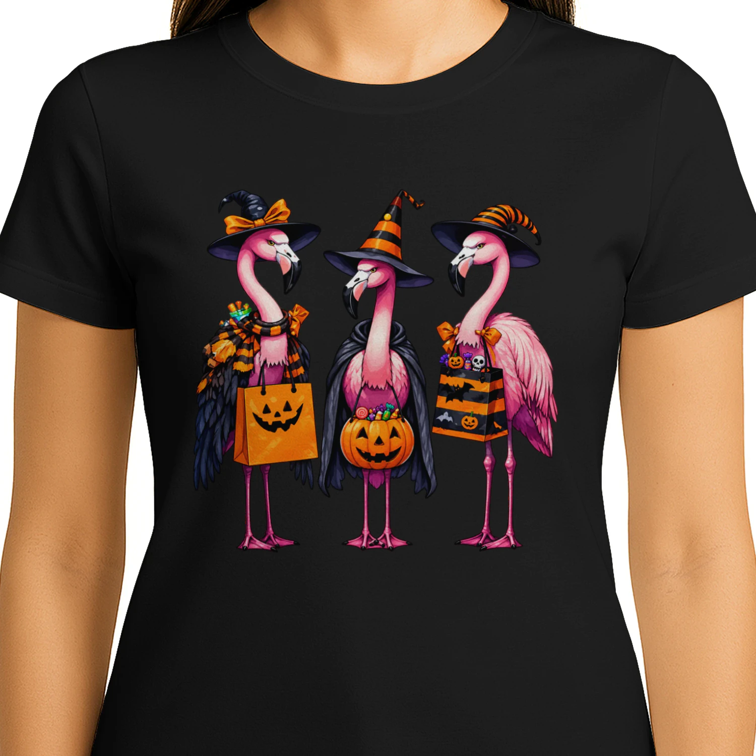 Three Flamingo Witches in Halloween Costumes
