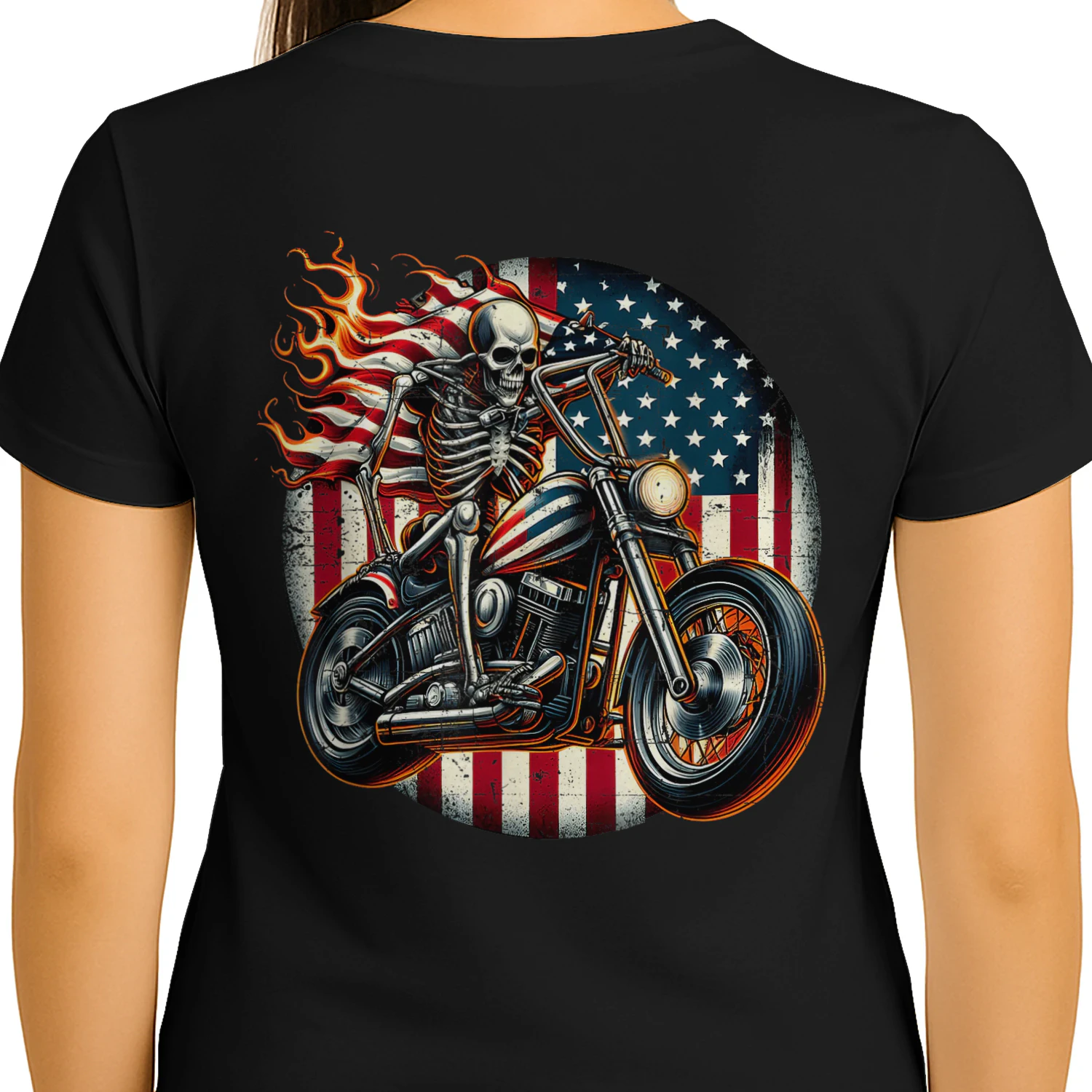 USA Flag Motorcycle Skeleton Biker 4th July American Patriot