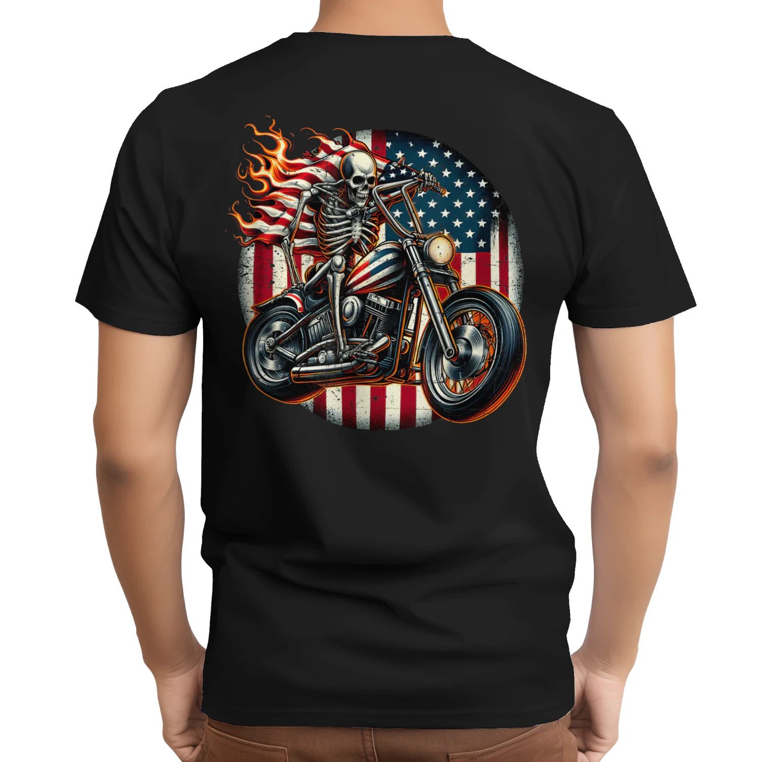 USA Flag Motorcycle Skeleton Biker 4th July American Patriot