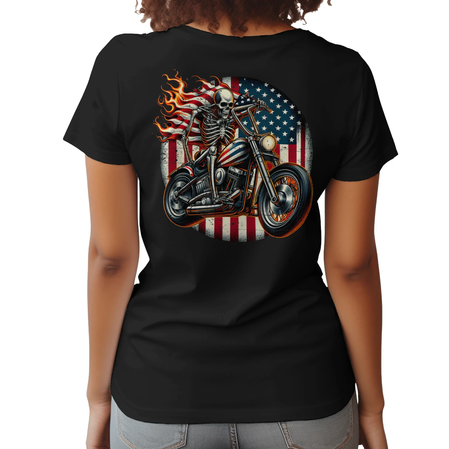USA Flag Motorcycle Skeleton Biker 4th July American Patriot
