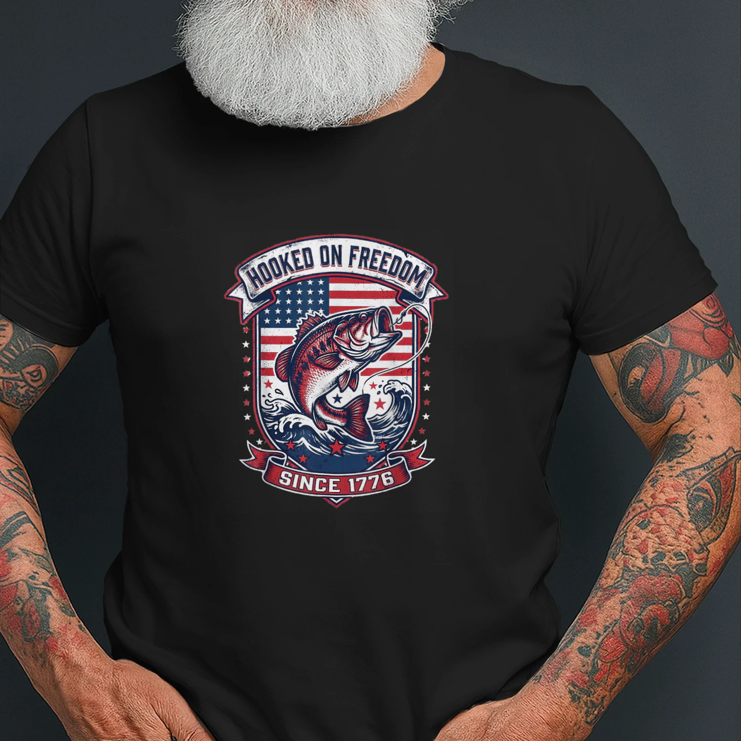 Patriotic Bass Fishing American Flag 4th of July 1776 USA