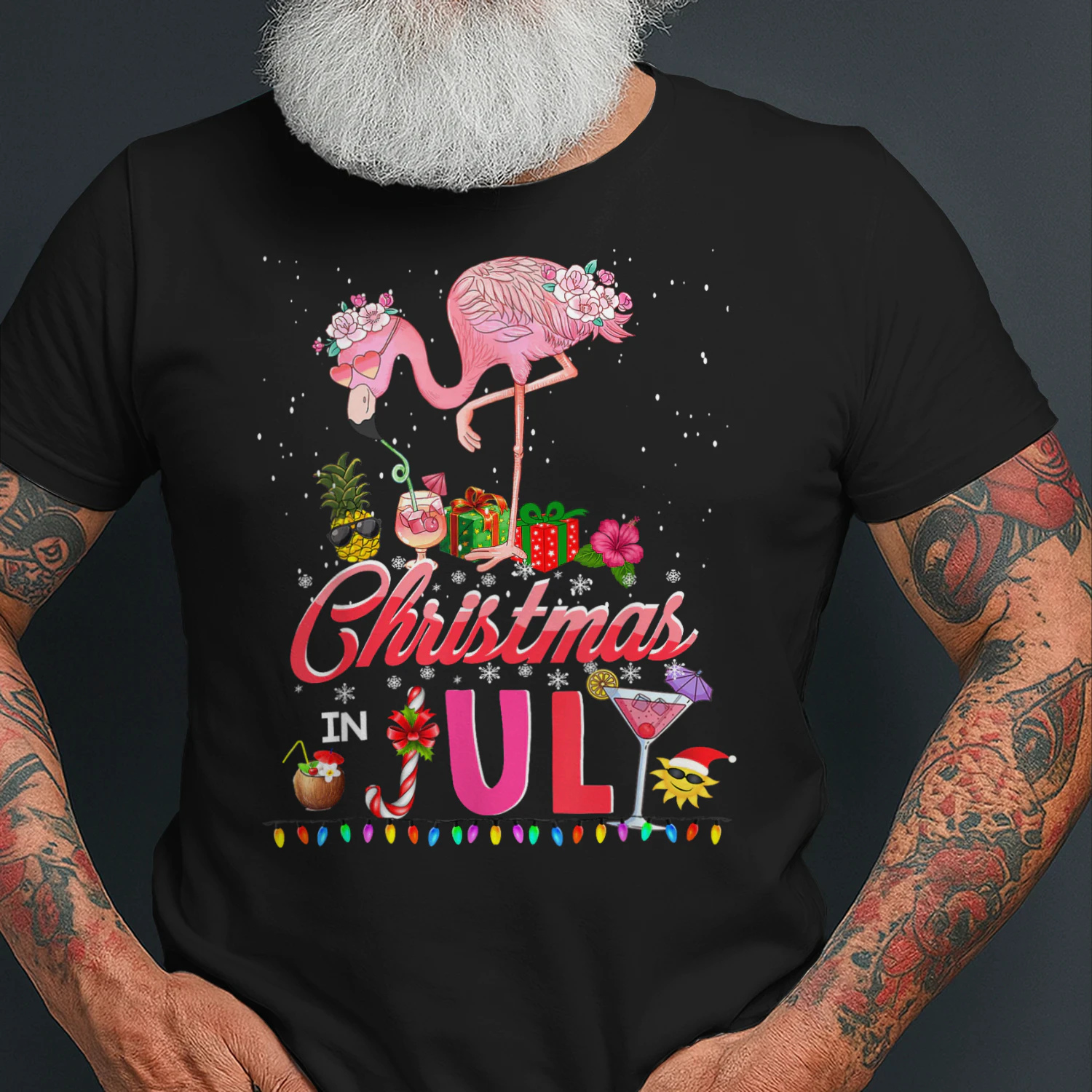 Pink Flamingo in Santa Hat Christmas in July Tees