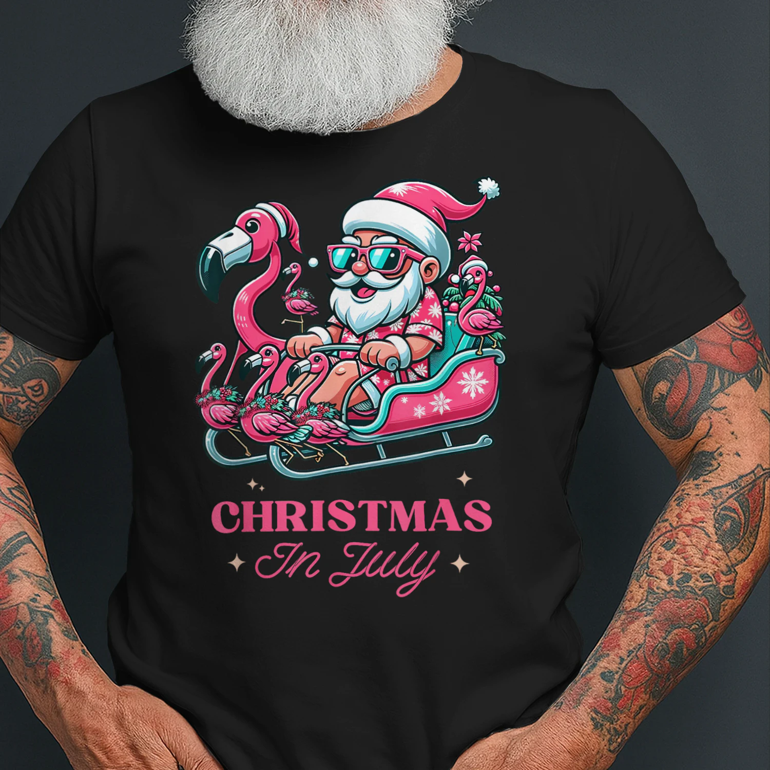 Funny Christmas in July Summer Santa Flamingo