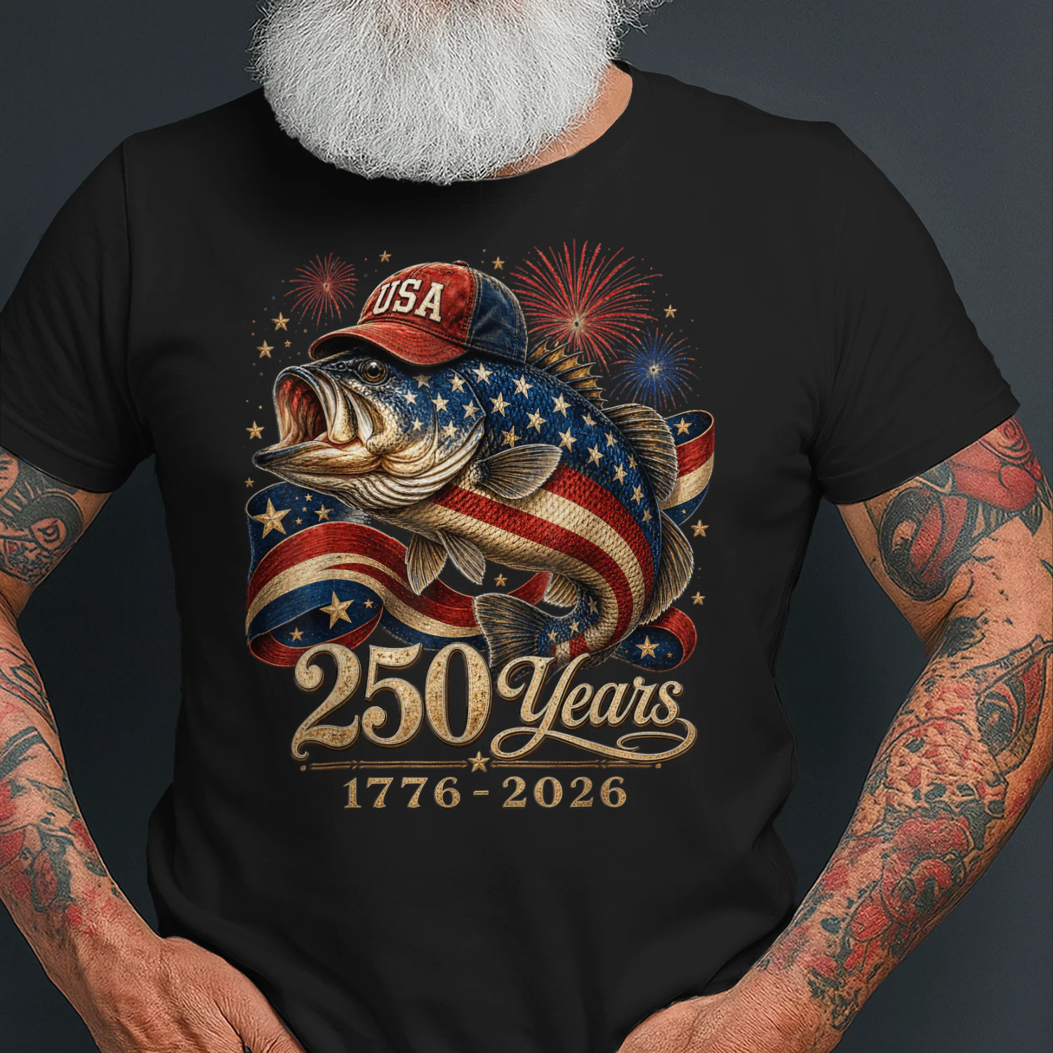 250 America 1776 2026 Bass Fishing USA Flag 250th Birthday