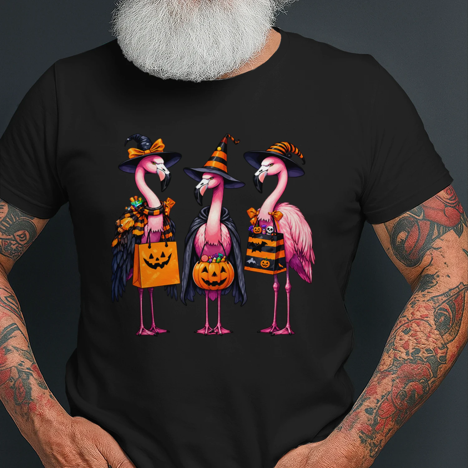 Three Flamingo Witches in Halloween Costumes