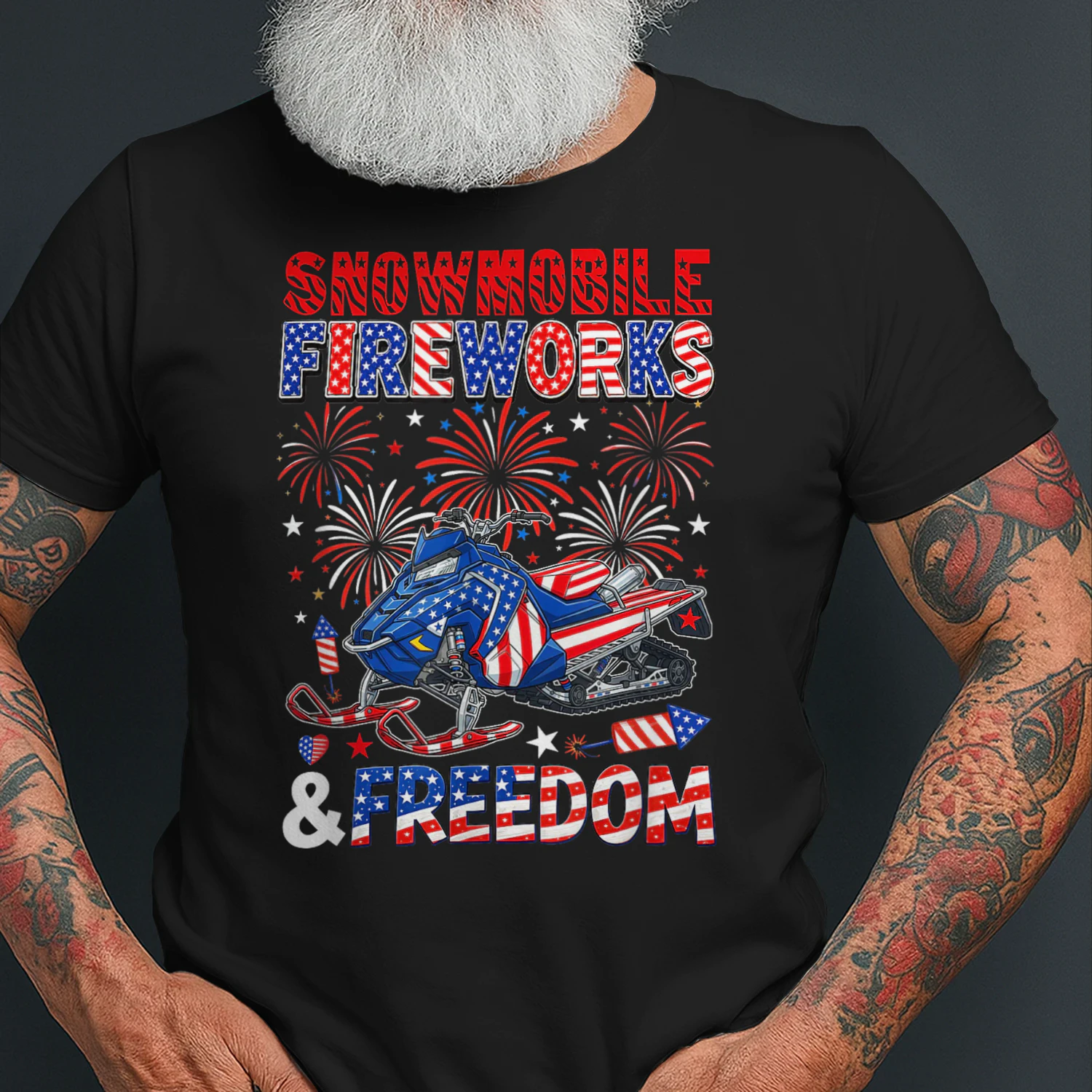 Snowmobile Freedom and Fireworks 4th July US Flag