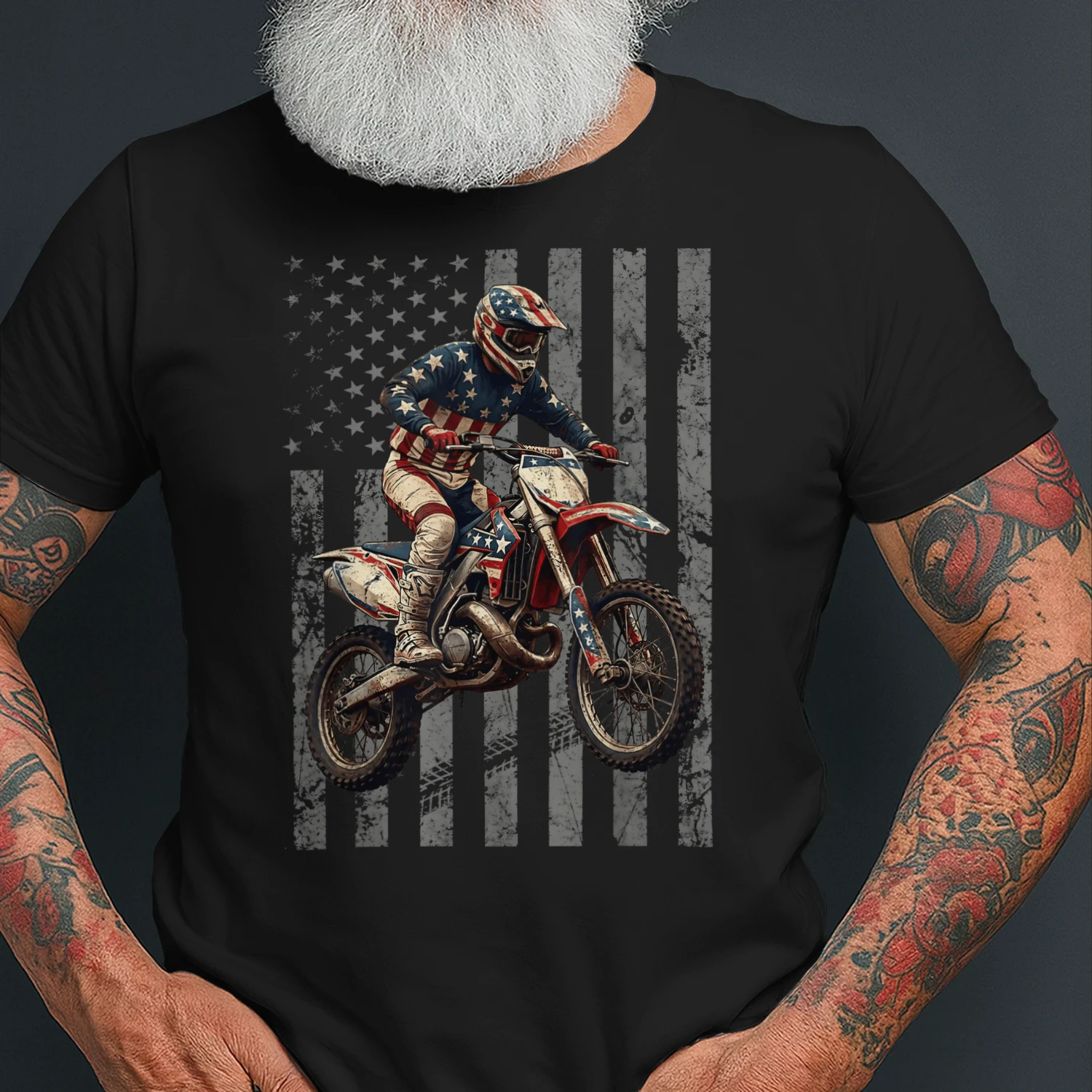 Vintage Dirt Bike Racing USA Flag Motocross