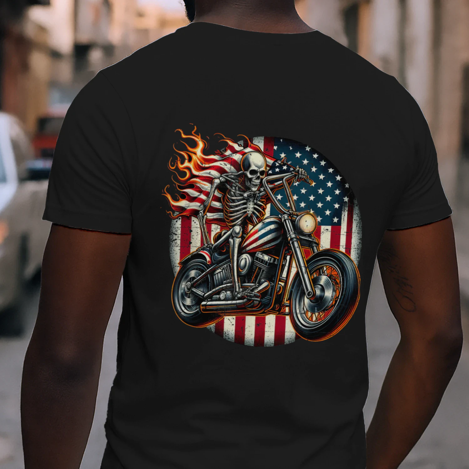 USA Flag Motorcycle Skeleton Biker 4th July American Patriot