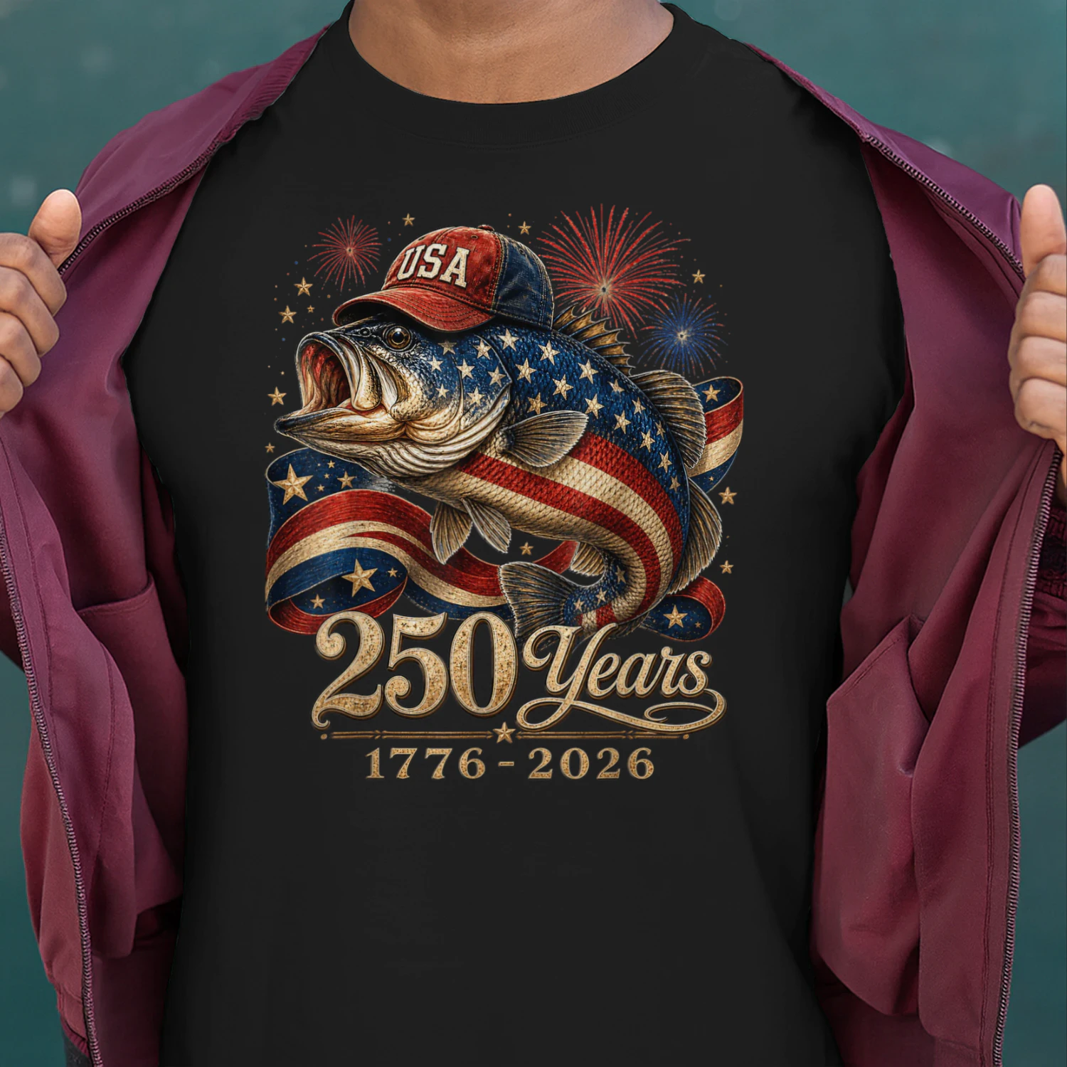 250 America 1776 2026 Bass Fishing USA Flag 250th Birthday