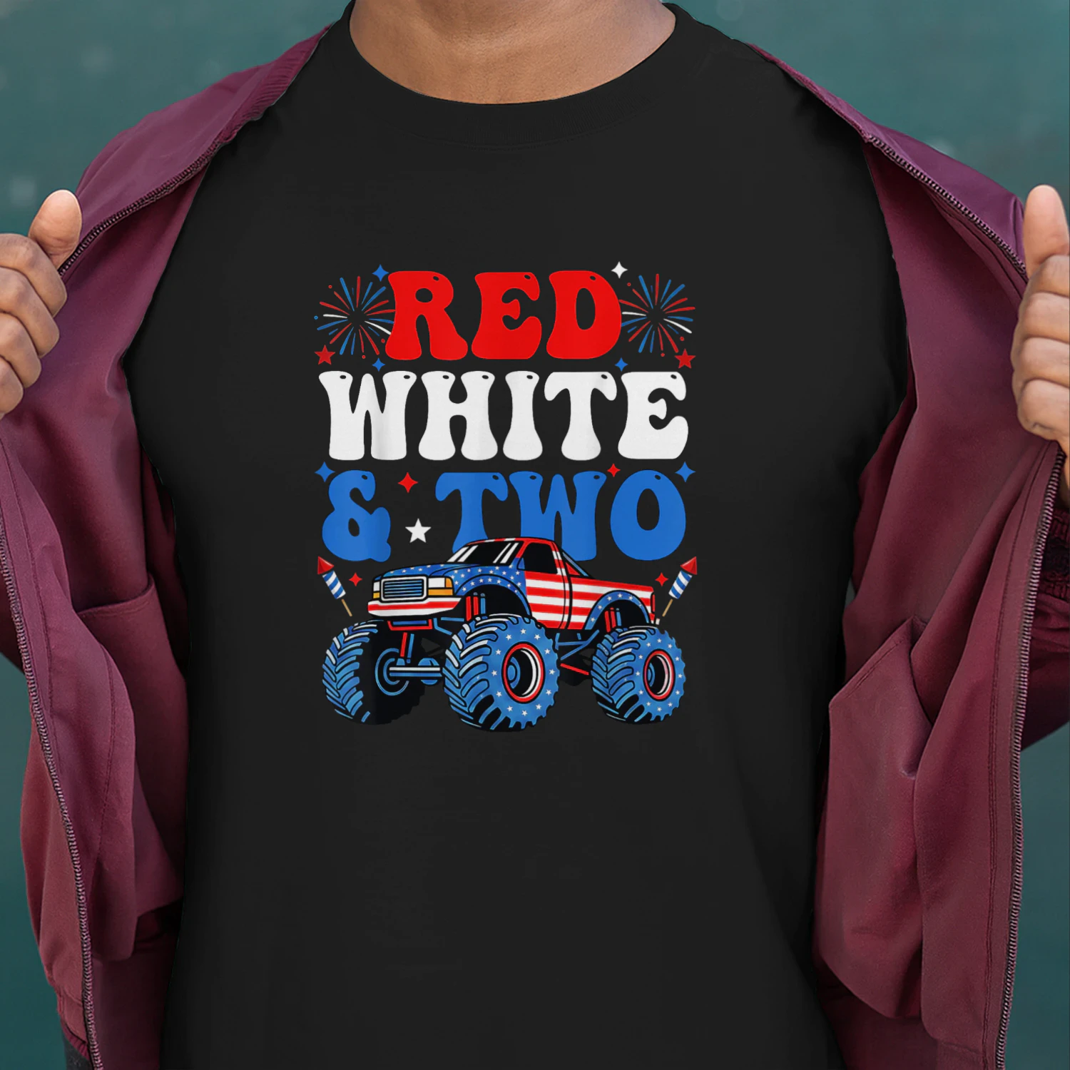 2nd Birthday Boy Monster Truck Red White and Two 4th of July