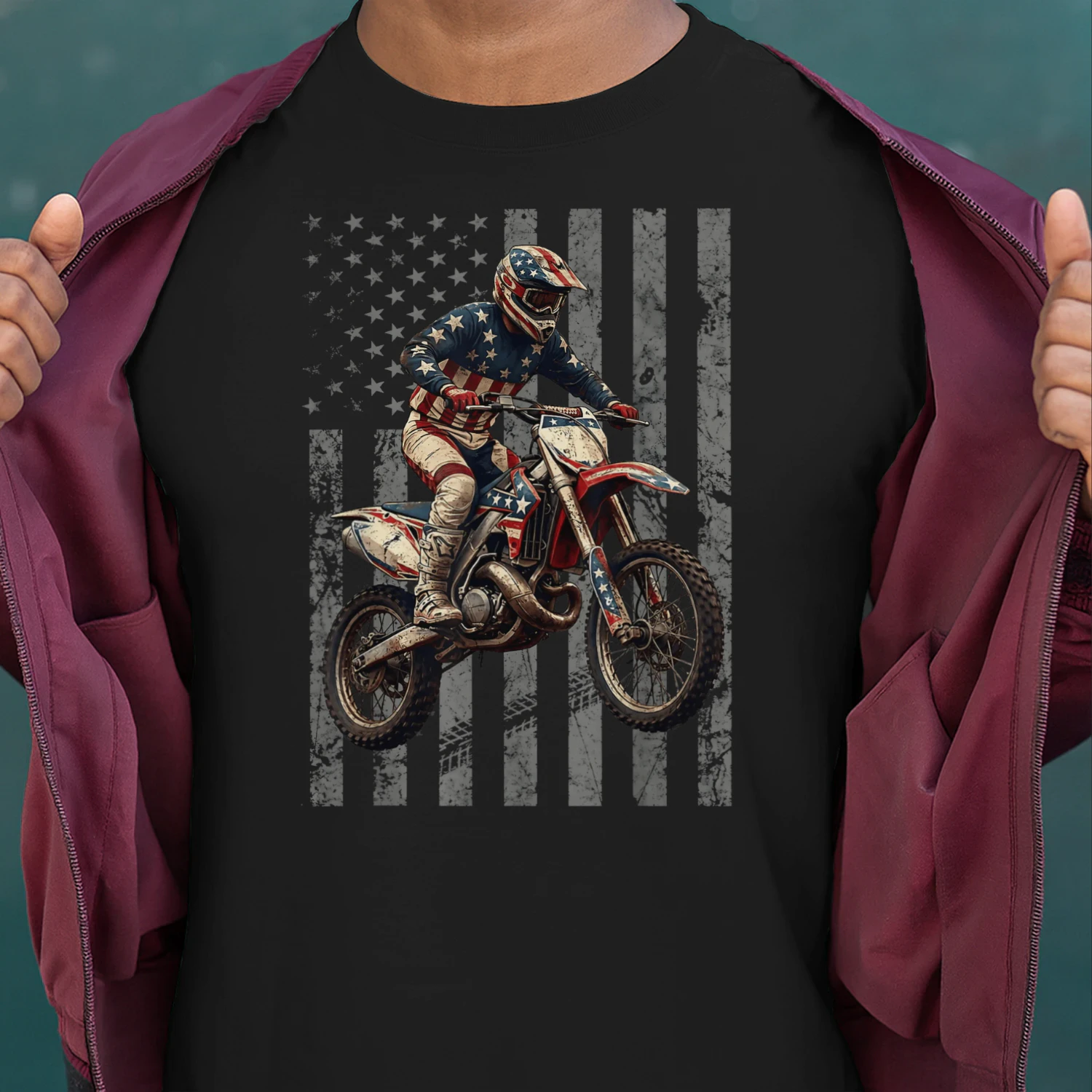 Vintage Dirt Bike Racing USA Flag Motocross