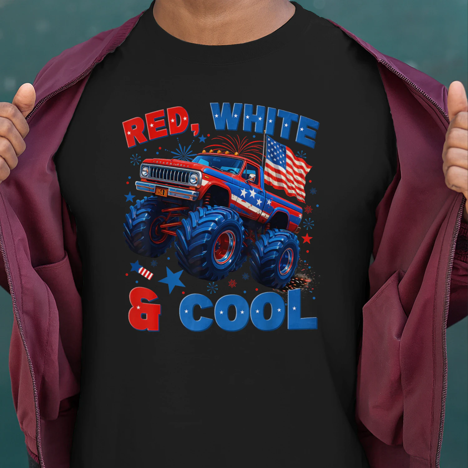 4th of July Red White and Cool Monster Truck Fireworks Boys