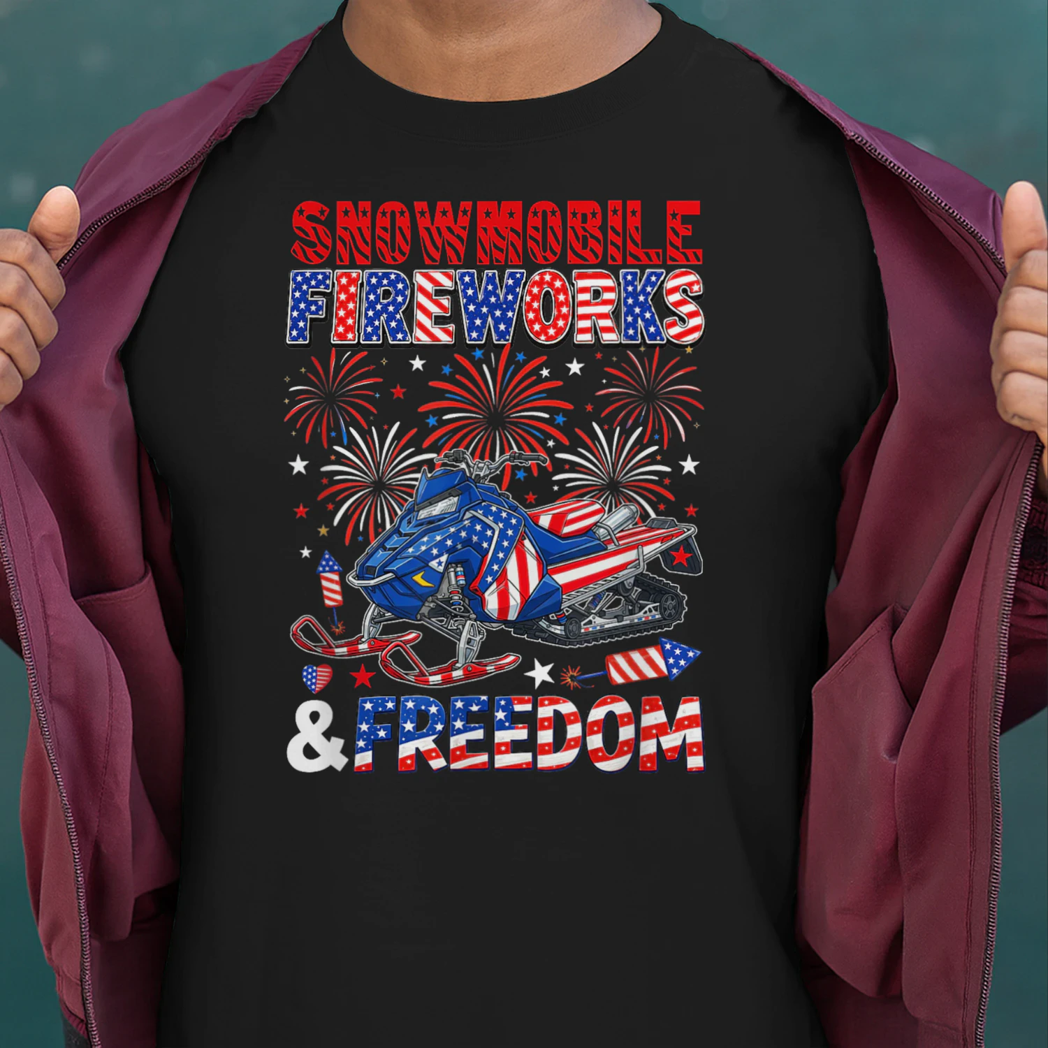 Snowmobile Freedom and Fireworks 4th July US Flag