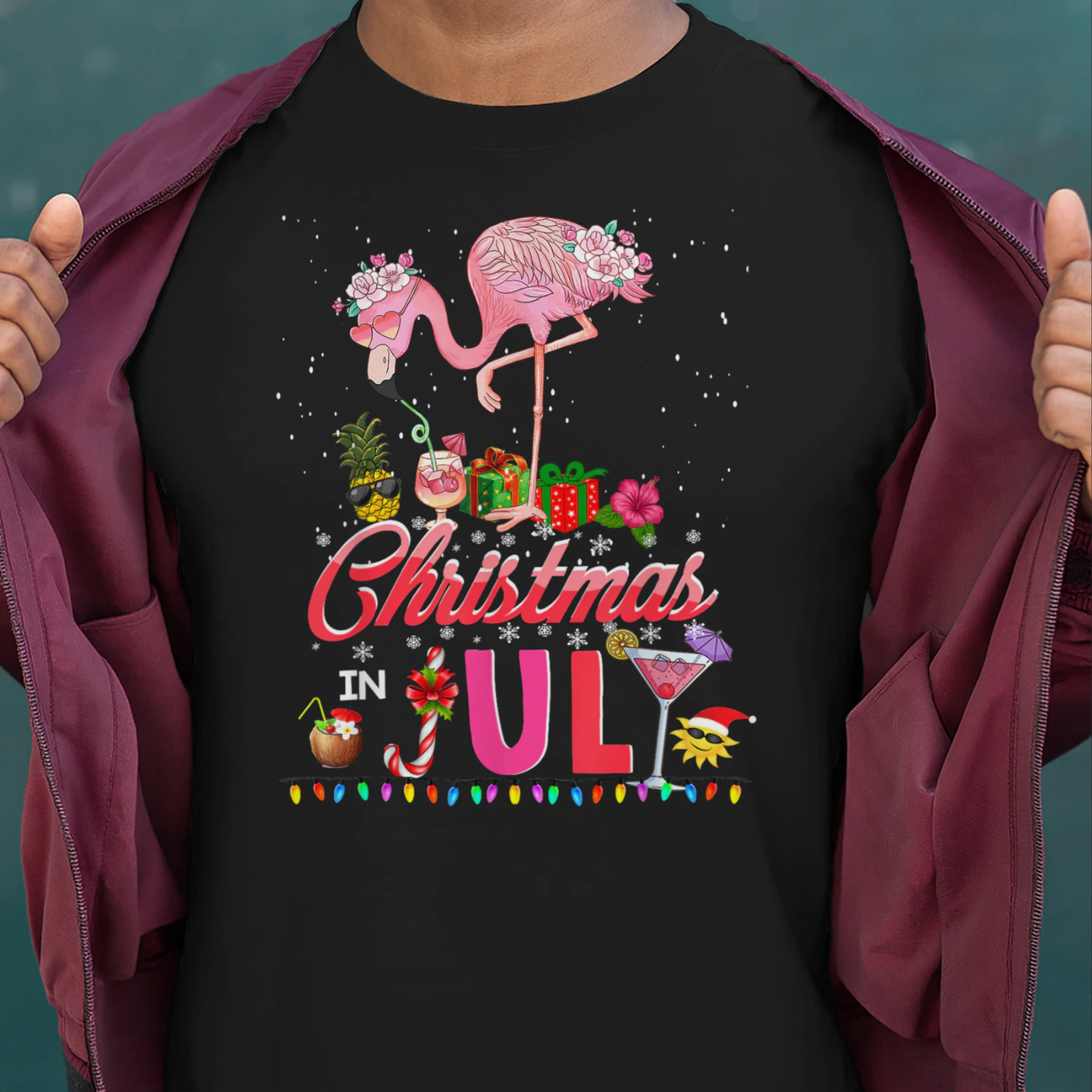 Pink Flamingo in Santa Hat Christmas in July Tees