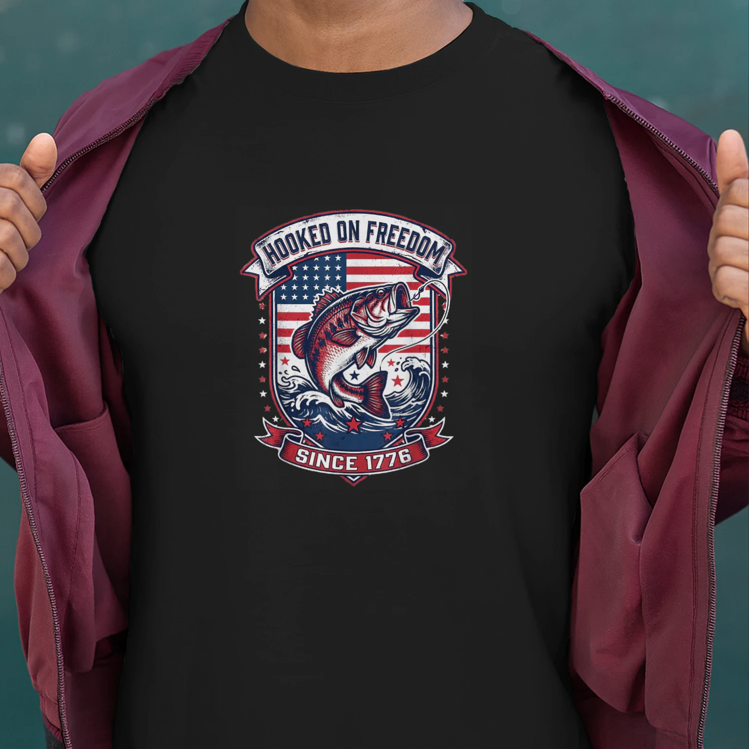 Patriotic Bass Fishing American Flag 4th of July 1776 USA